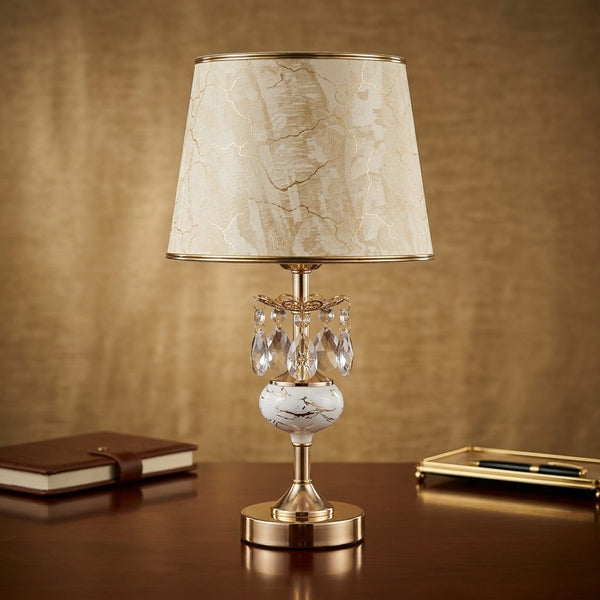 Ivory Crackle Porcelain Orb Crystal Drop Table Lamp