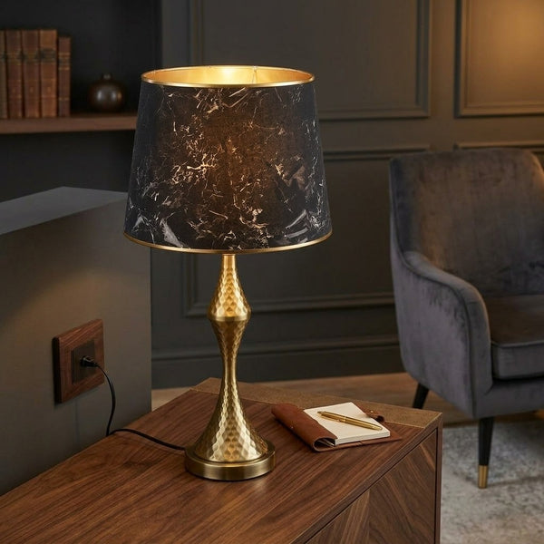 Hammered Brass Teardrop Noir Marble Table Lamp