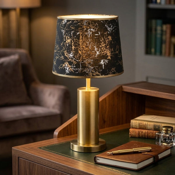 Brushed Brass Cylinder Noir Marble Table Lamp